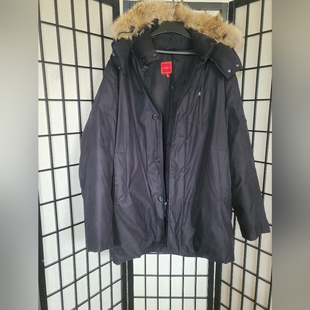 Mens Cole Haan winter duck down/feather real fur hood coat, XL, black